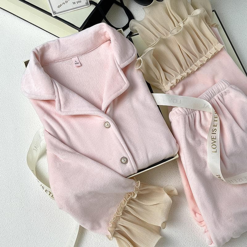 Princess Style 2PCS Pajamas Set Autumn Winter New Female Pijamas Loungewear Chinese Style Sleepwear Trouser Suits Sexy Home Wear XL pink