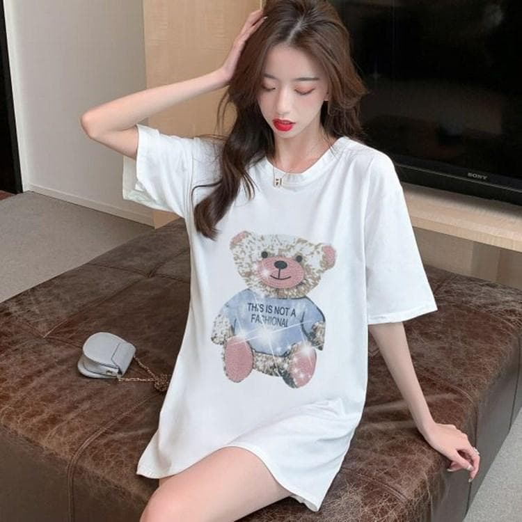 Heavy Industry Ironing Diamond Bear Pink Short-sleeved T-shirt for Women In Spring and Summer New Loose Half-sleeved Top T-shirt XXXL white