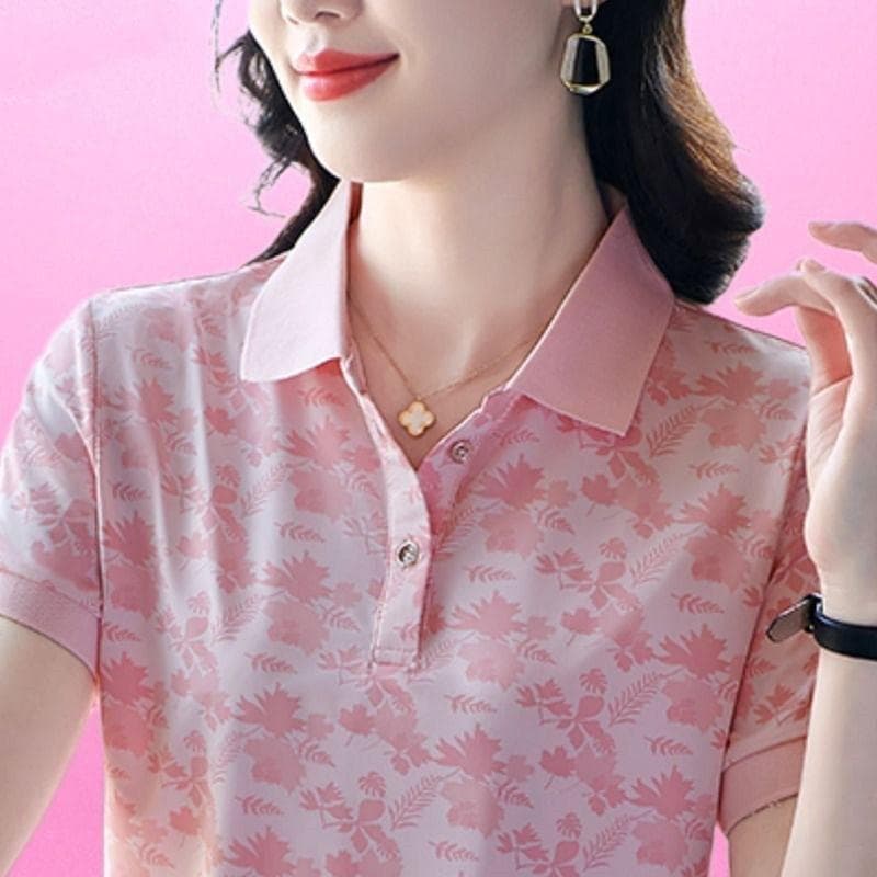 Short-sleeved Lapel Summer New Style Mother's Versatile Polo Shirt Versatile Printed Top for Women 3XL