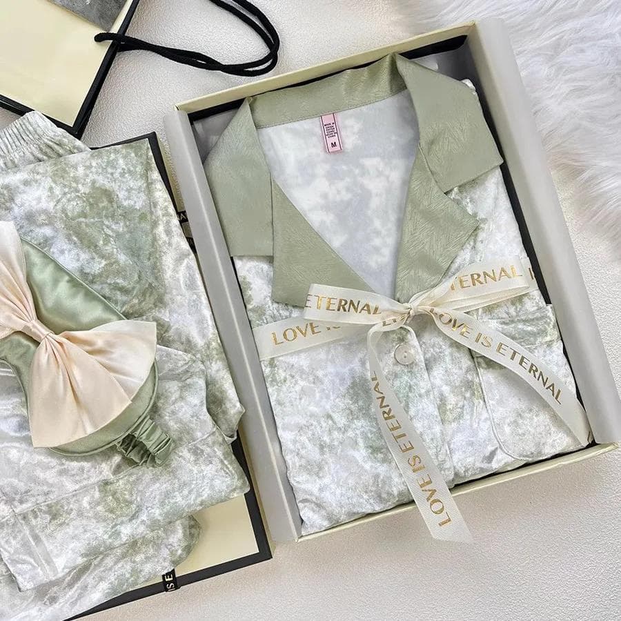 Printed Pajama Pants Set Velvet Women's 2-piece Pajama Set Underwear Autumn and Winter Casual Velvet Home Wear Pajamas XL green