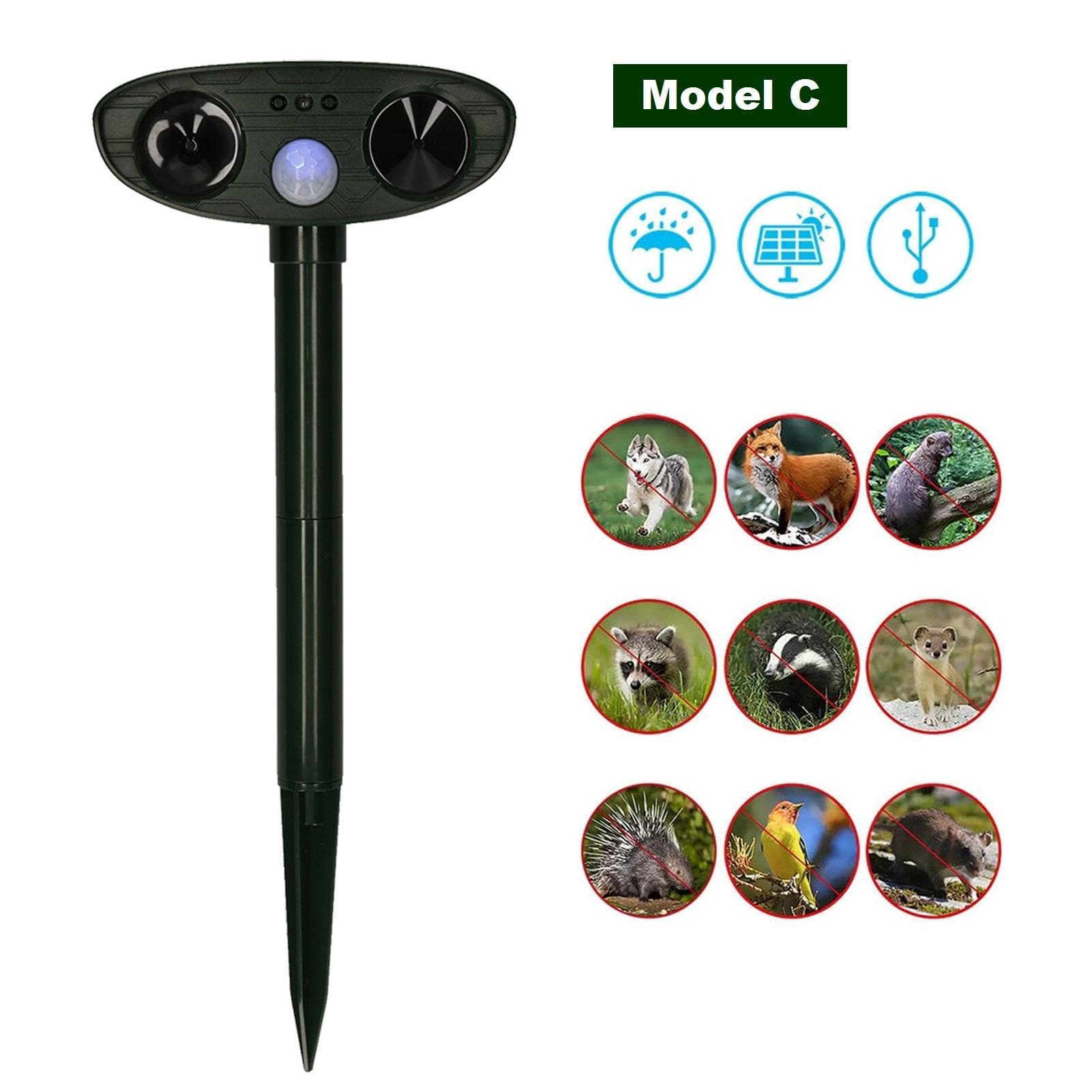 Solar Powered Ultrasonic Animal and Bird Repeller Universal Outdoor Solar Powered Motion Sensor Model C