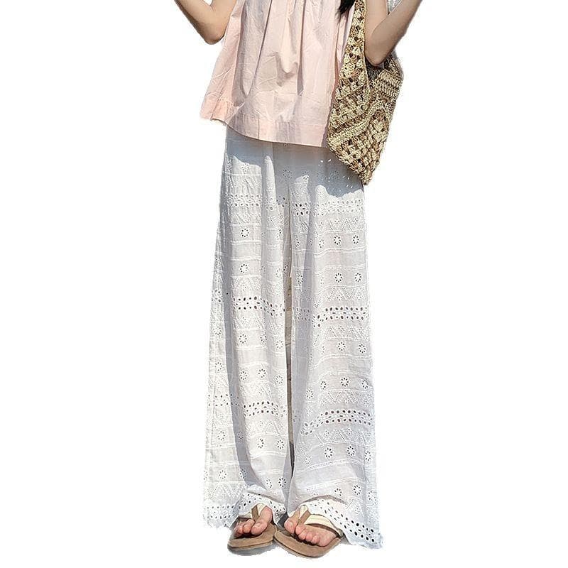Summer Thin Holiday Simple Style Casual Loose Straight Wide-leg Pants 2XL white