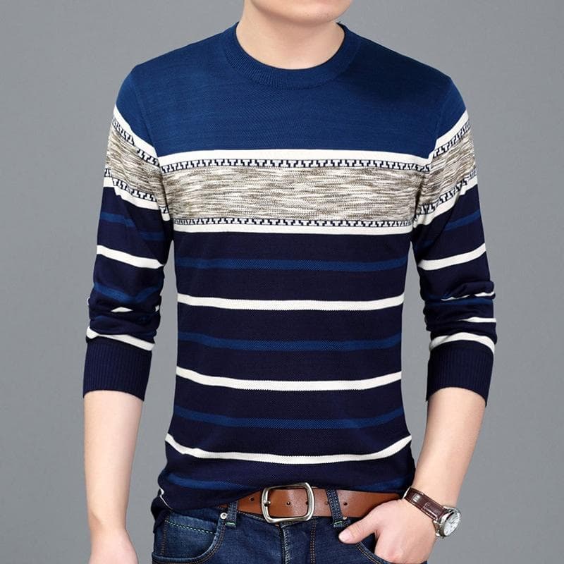 WTEMPO Men Pullover Long-sleeved Warm Sweater Round Neck Striped Pullover Soft and Comfortable Shirt M