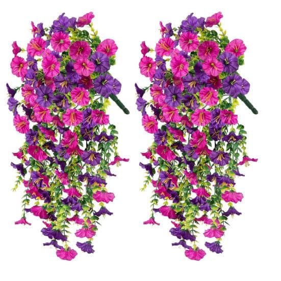 2 Pcs Artificial Hanging Petunia Flowers UV Resistant Faux Flowers Reusable Simulated Petunias for Outdoors Festive Wedding Party Decorations