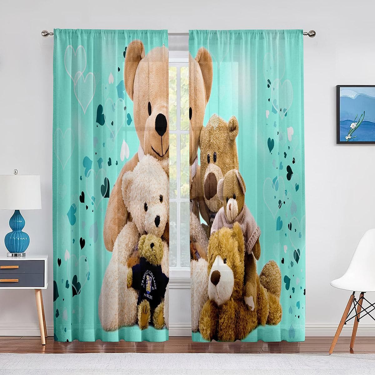 Happy Teddy Bears Family Tulle Curtains for Kitchen Living Room Bedroom Decor Transparent Chiffon Sheer Voile Window Curtain 1 PCS W100XH250cm&Grommet Top