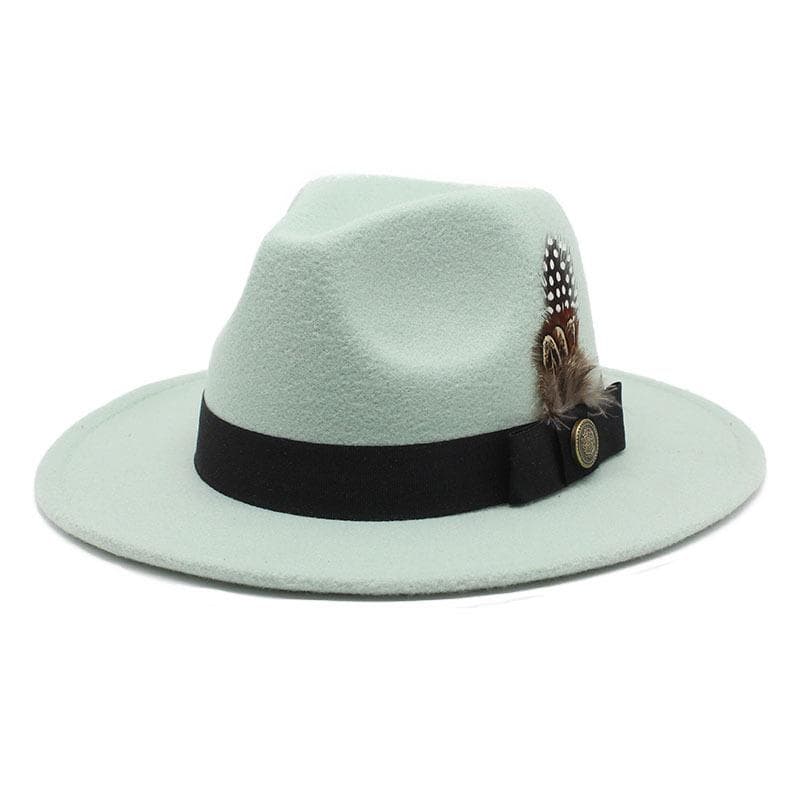 White Woolen Gentleman Classic British Jazz Feather Top Hat Wide Brim Party Church Wedding Fedora Hats Men Women Panama Felt Cap L 59-60cm mint green