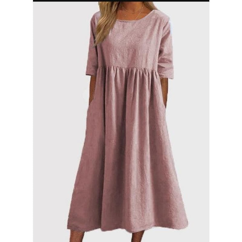 Spring and Summer Women's Dress Round Neck Large Size Casual Loose Long Solid Colour Cotton Linen Dresses 4XL pink