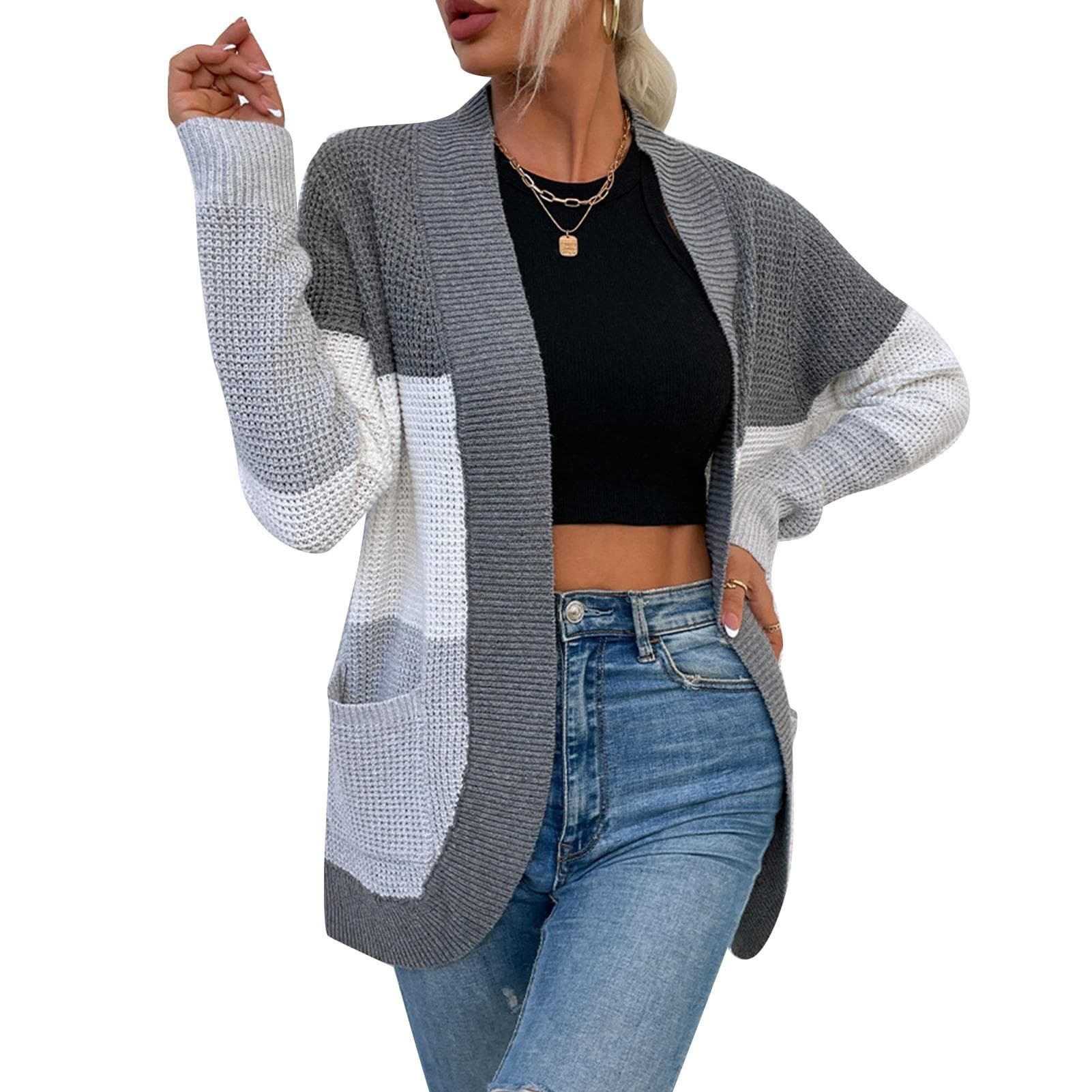 Women Open Front Sweater Contrasting Color Long Sleeve Stylish Casual Knit Outwear Coat with L gray