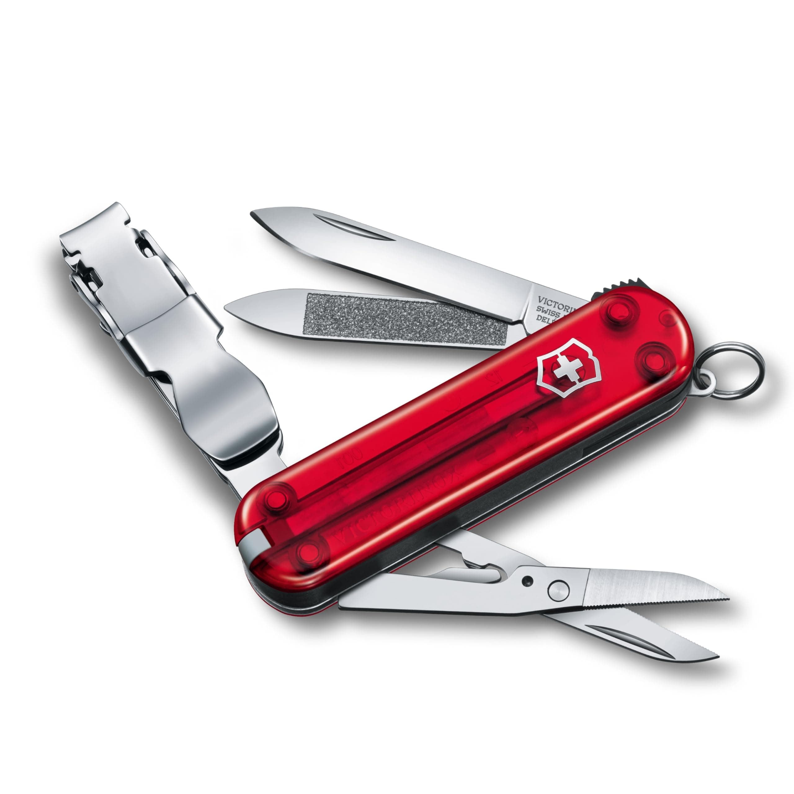 VICTORINOX Nail Clip 580 in Translucent Red, perfect for emergency preparedness. Features include a curved blade, built-in nail clippers, a built-in n