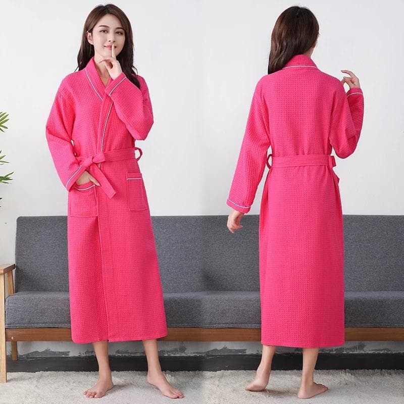 Bathrobe Women Waffle Cotton Extra Long Robe Solid Robe Female Long Soft Casual Sleepwear Pajamas For Women Home Robe Sping L rose red