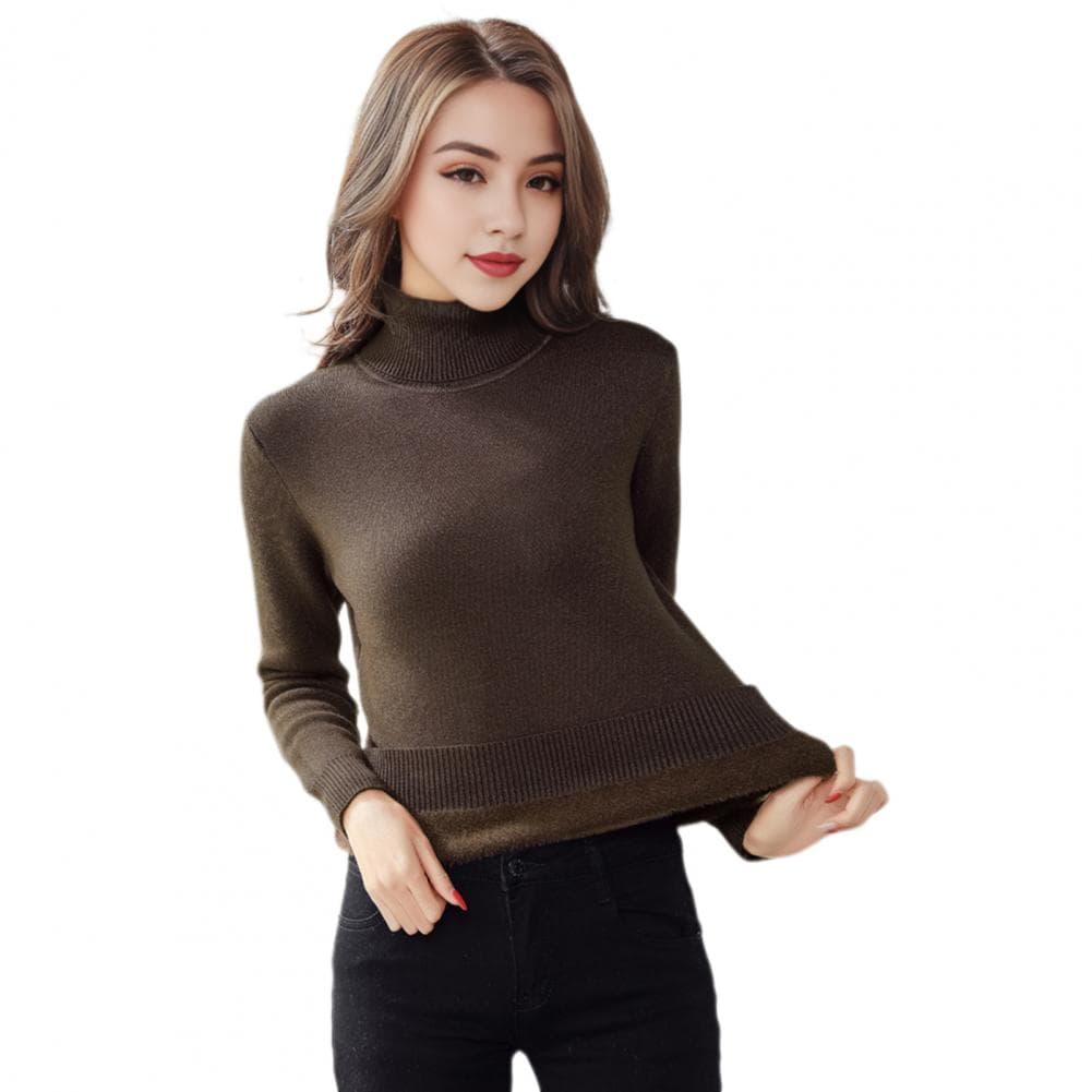 Women Knitting Tops High Collar Long Sleeve Solid Color Warm Fleece Lining Pullover Tops Slim Fit Thickened Knitwear Daily Wear M coffee