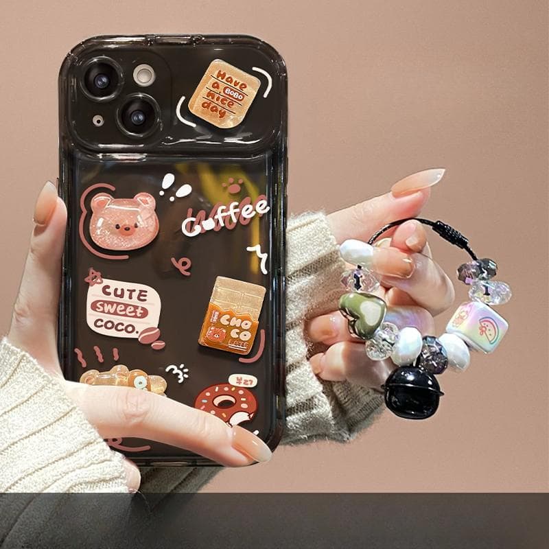 Applicable To Apple 14promax Mobile Phone Case IPhone 13 Coffee Bear Three-dimensional Doll Pendant Flip Mirror 12 Soft iphone 11 Pro