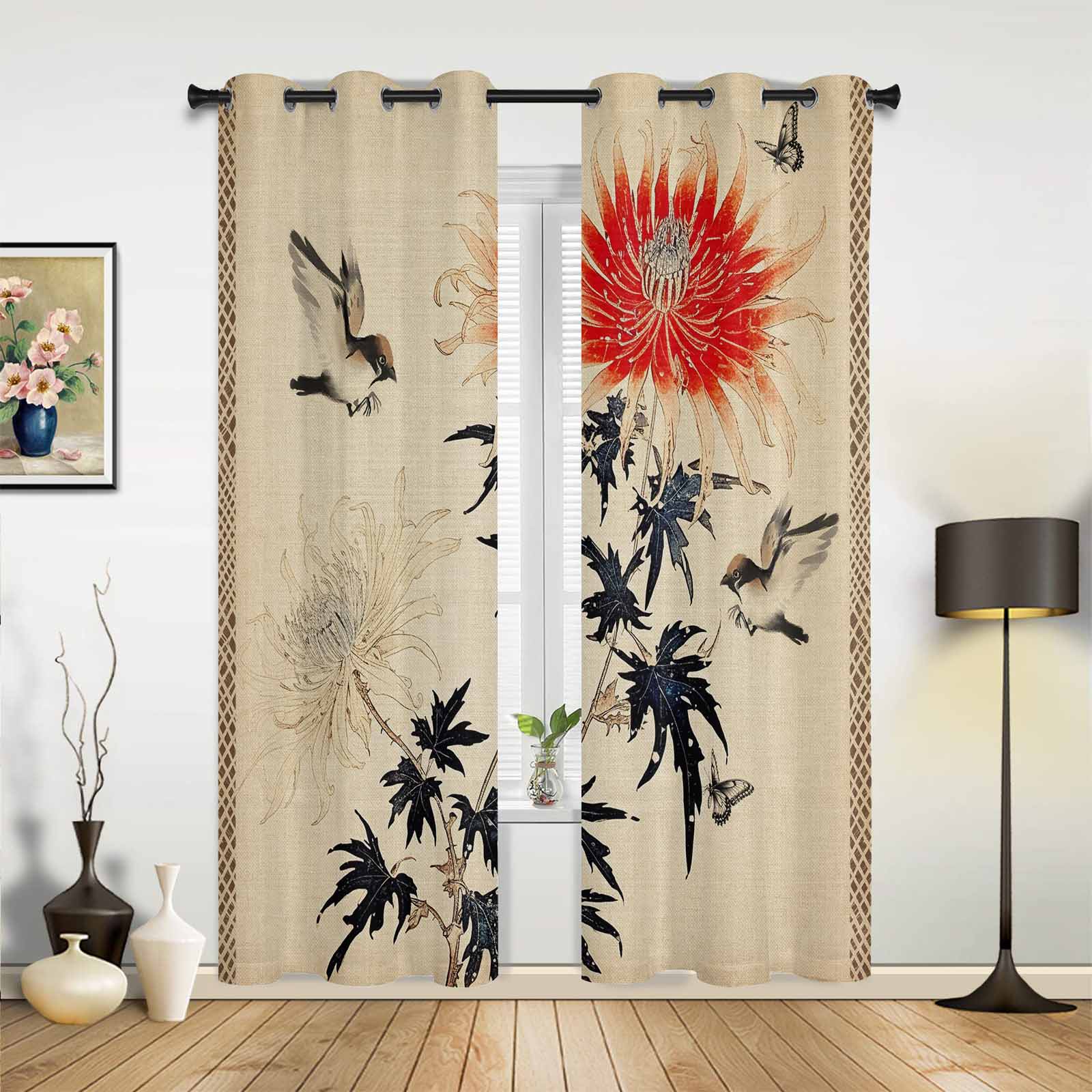 Chrysanthemum Bird Butterfly Retro Window Curtains for Living Room Luxury Bedroom Curtain Kitchen Blinds Drapes Curtains 135W x 60H(cm) x1