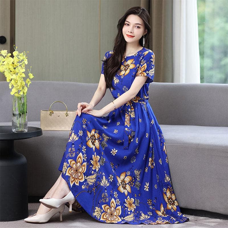 Cotton Silk Dress Female Mother's Dress Western Style Middle-aged and Elderly Plus Size Large Swing Skirt XL