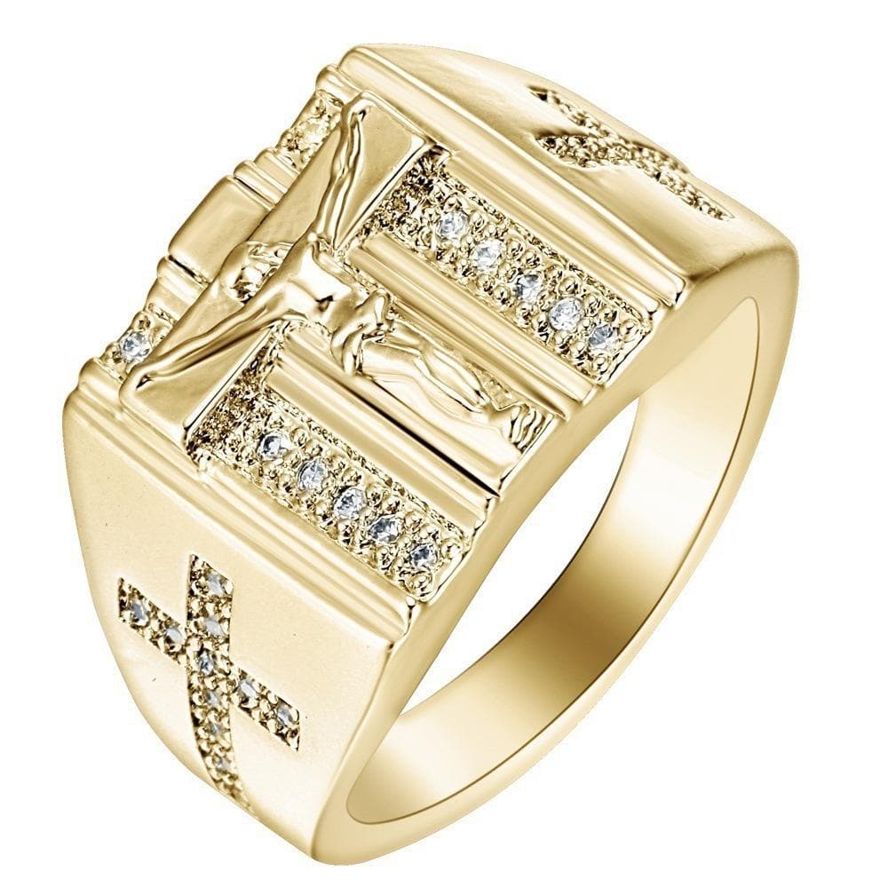 Wish European & American 18K Gold Plated Diamond Cross Hip Hop Men's Ring Size 10 gold