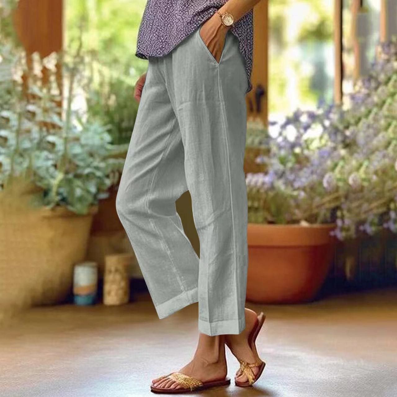 Cotton and Linen Women's Loose Fashion Solid Color Straight Casual Pants Women's Clothing XXXL light gray
