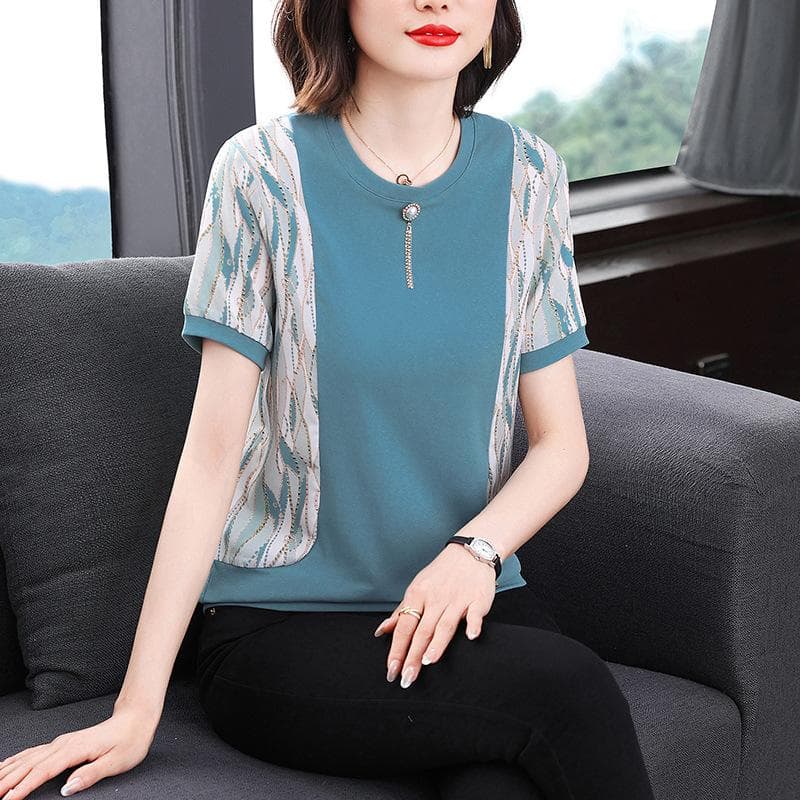 Middle-aged Mother's Summer New Fashionable Short-sleeved T-shirt for Women 40 Years Old 50 Middle-aged and Elderly Women's Loose Shirt Top 4XL