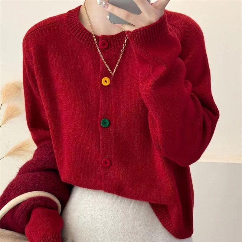 Japanese Sweet and Fresh Round Neck Colorful Button Knitwear Coat Academy Style Western Versatile Sweater Women's Cardigan One Size red