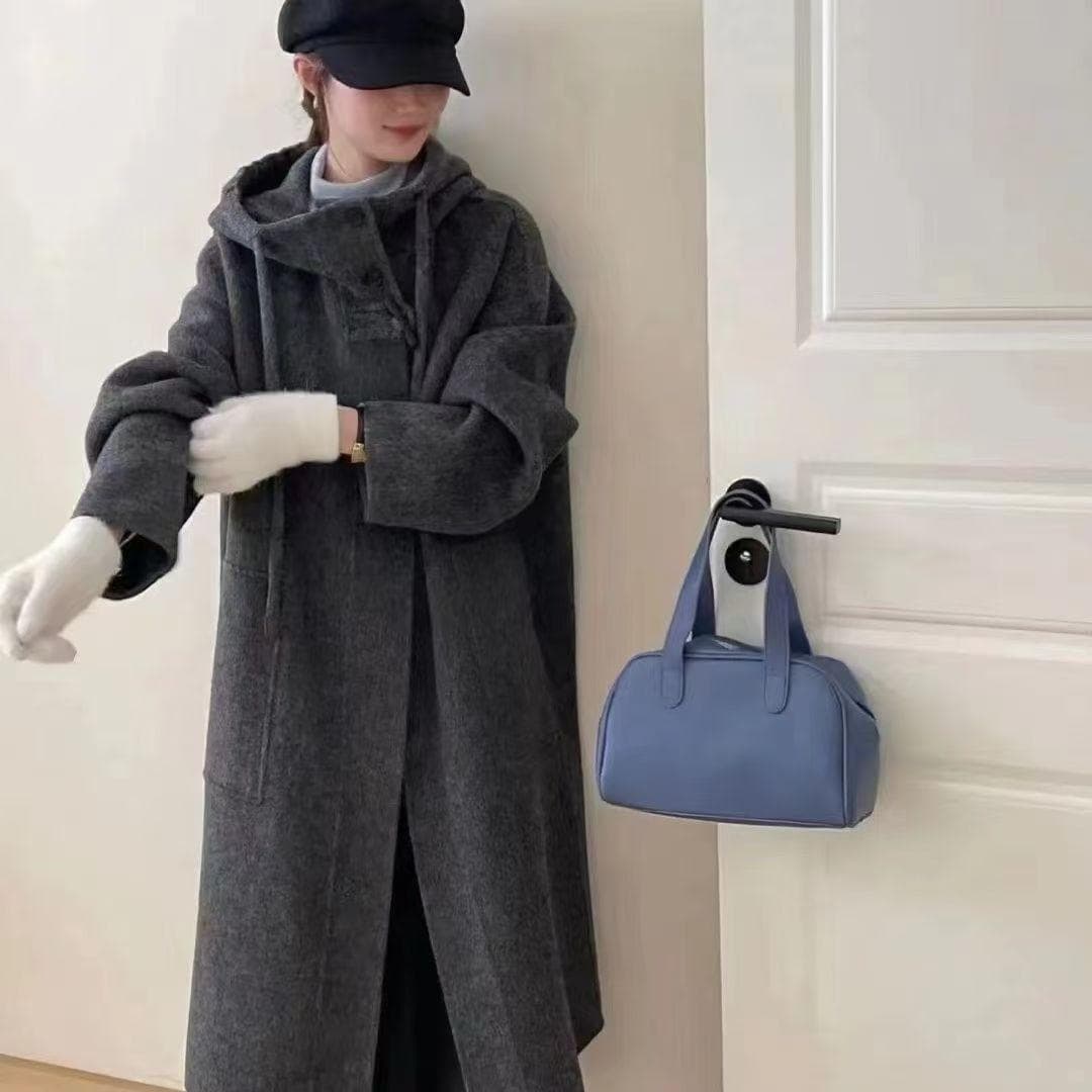 Korean Style Hooded Long Style Double-sided Cashmere Coat for Women Horn Button Thickened Woolen Coat S