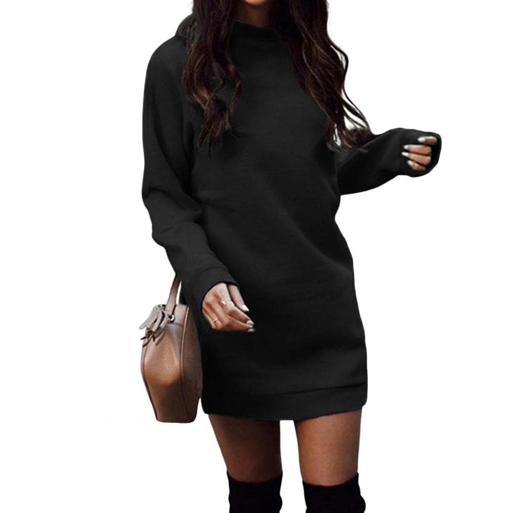 Fall Winter Dress Thickened Plush Solid Color Loose Round Neck Stretchy Hem Cuff Pullover Above Knee Length Daily Wear Mini Dres L black