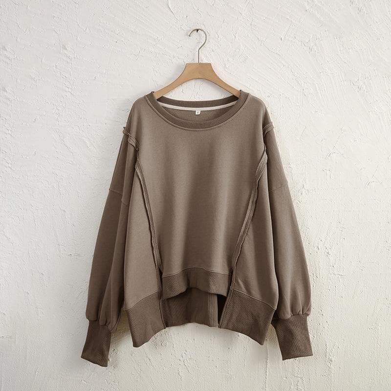 Oversized 100% Cotton Women Sweatshirts Long Sleeve Patchwork Open Side Streetwear Harajuku Pullovers Autumn Clothes For Women One size dark khaki