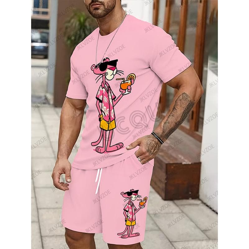 2025 New Men's Tracksuit Sets Pink Panther Short Sleeve T-Shirt Suit Casual Suit Sports Streetwear Shorts 2 Piece Male Clothes L