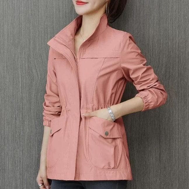 FiveFive Double Layer Lining Windbreaker Women Spring Autumn Short Coat Fashion Plus Size Stand-Up Collar Ladies Jacket Plus Size 3XL XXL pink