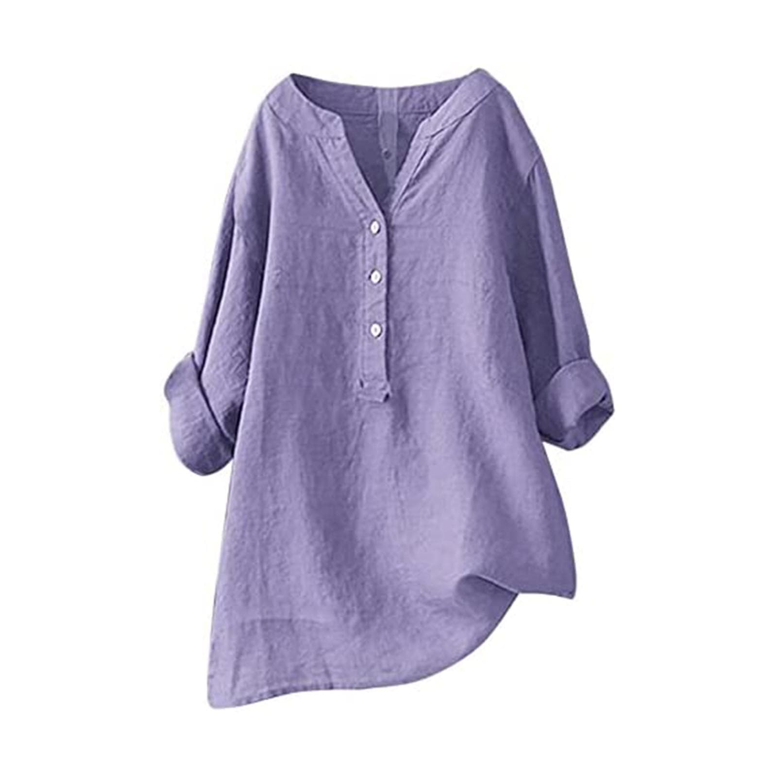 Women Solid Stand Collar Long Sleeve Shirt Casual Loose Blouse Button Down Tops S purple