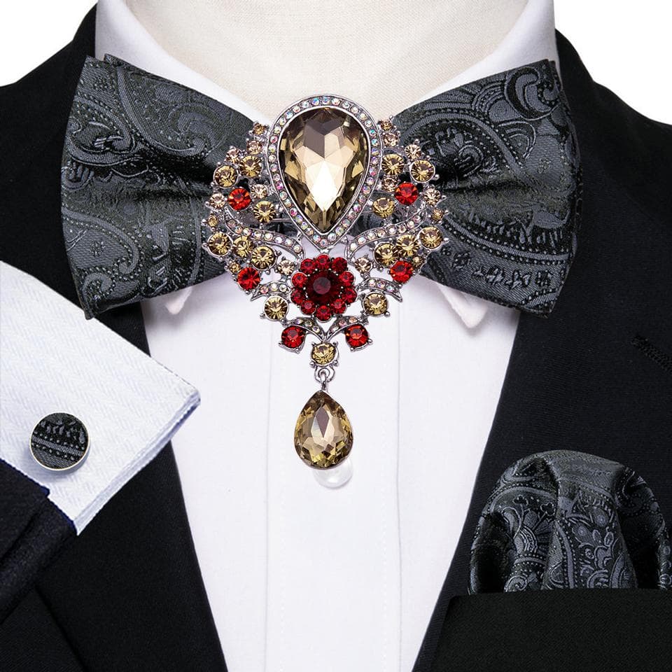 Barry.Wang Mens Bow tie with Brooch Hanky Cufflinks Set for Wedding Party Dating Silk Pre Bowtie Set LH-0718