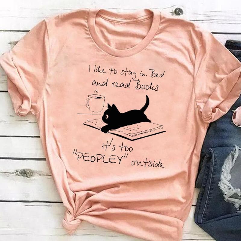 (Asian size) Graphic Tee Women's Cat Books Love Sweet Trend Fashion Casual Print Short Sleeve Summer Top Ladies Female T Clothing T-shirt 4XL