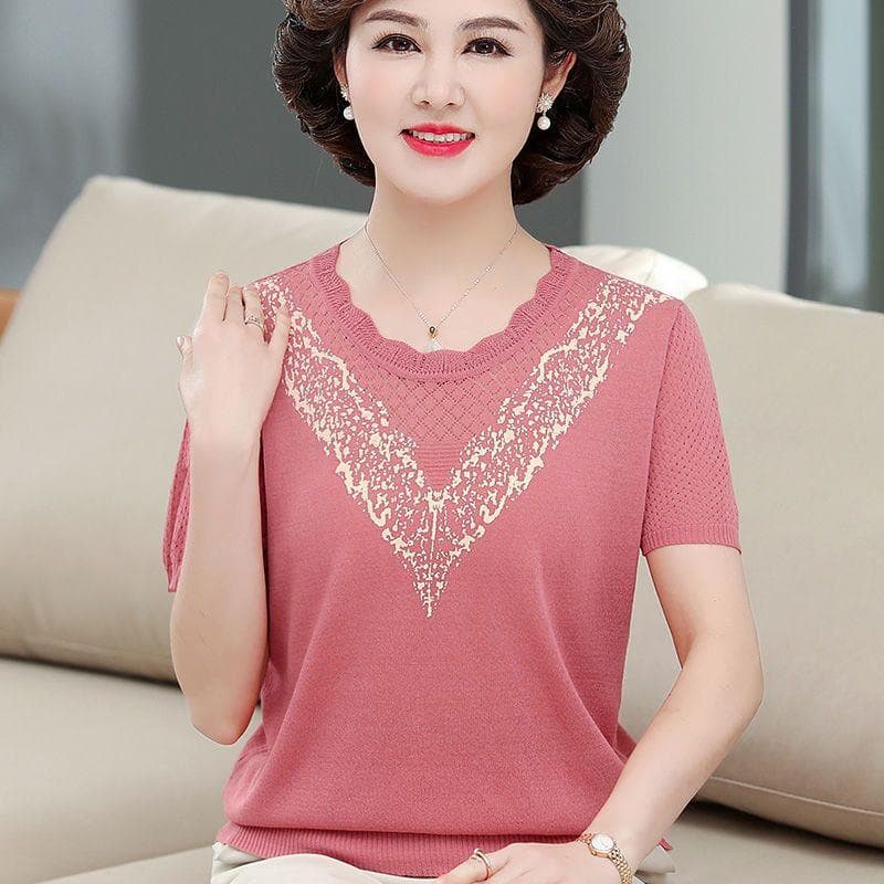 Knitted Short Sleeved Small Shirt Middle-aged and Elderly Women's Summer T-shirt Top 4XL pink