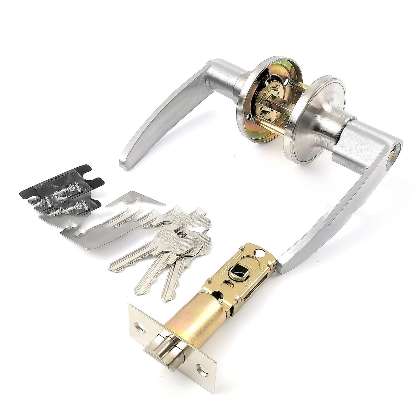 Door Handle Silver Color Brass Core Stainless Steel Durable Straight Door Lever with 3 Keys for