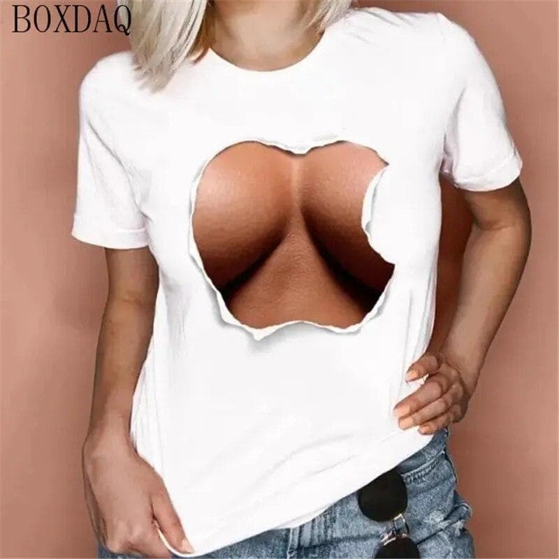 Women Summer Cool T-Shirts Sexy Perspective 3D boobs Print Short Sleeve Ladies T Shirt Summer O-Neck Breast Pattern Street Tops 2XL