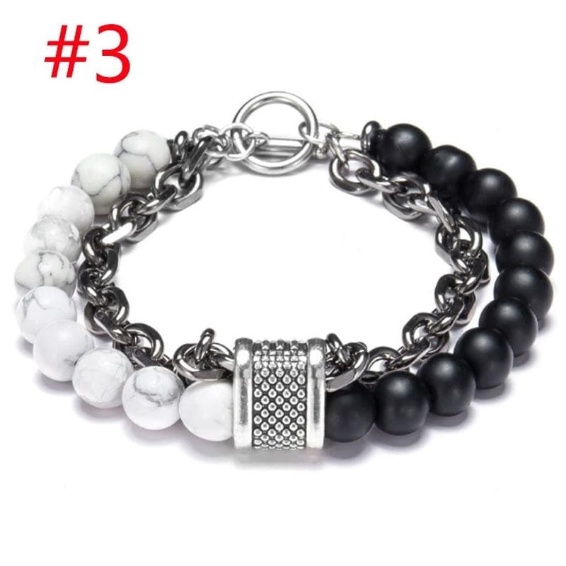 Natural Map Stone Men's Beaded Bracelet for Women Stainless Steel Bracelets Male Jewelry