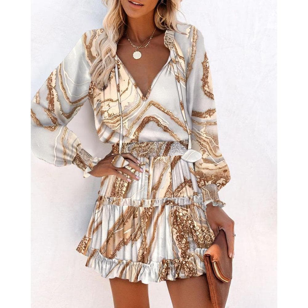 IHUASU Summer Color Contrast Long-sleeved V-neck Fashion Print Waist Dress M khaki