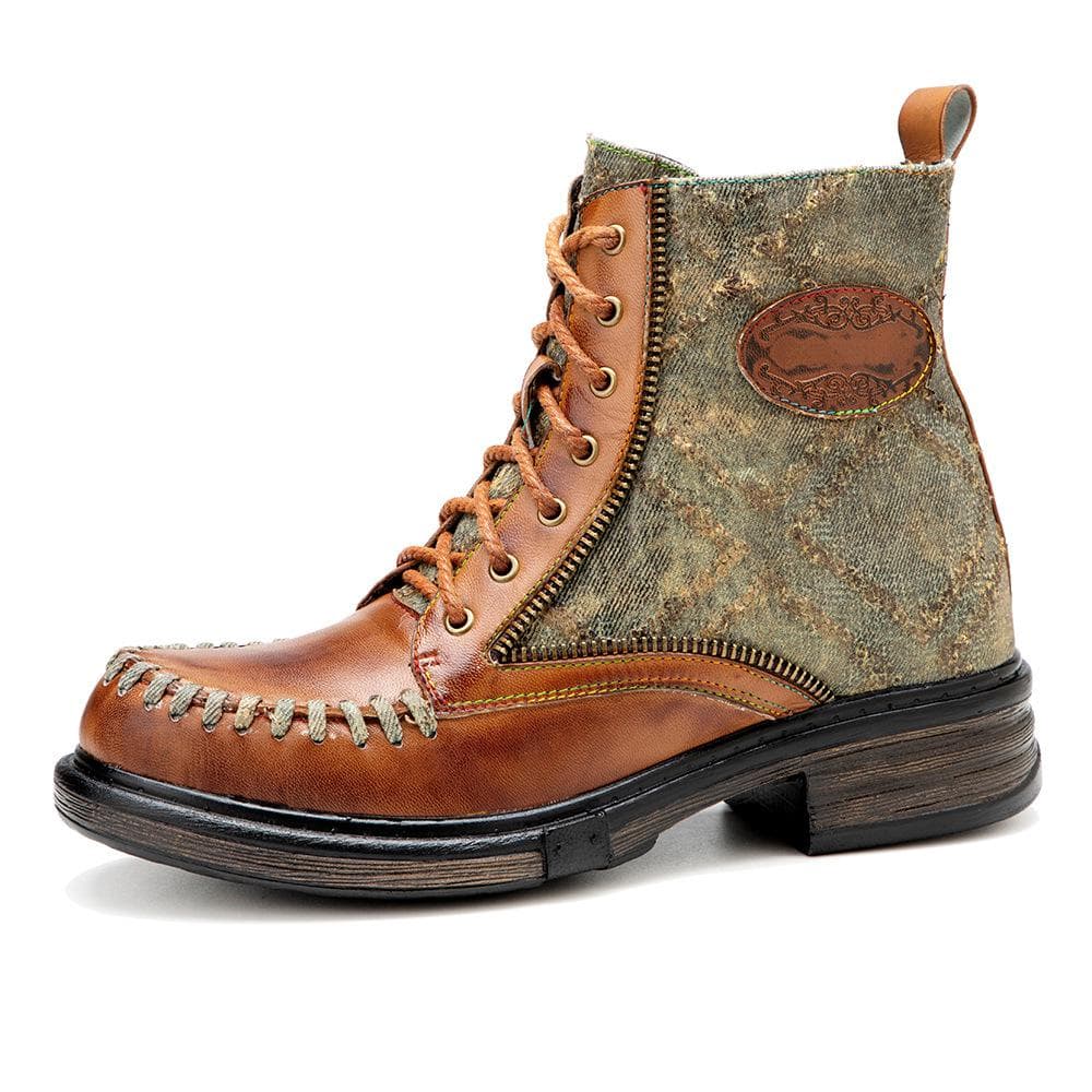 Johnature Genuine Leather Shoes Women Boots Round Toe Retro Handmade Zip Leisure Sewing Concise Ankle Platform Boots 39 brown