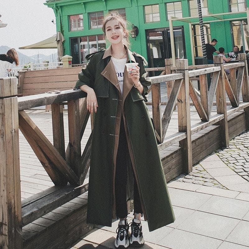 Spring New Women's Fake Two-piece Contrasting Color Windbreaker Women's Mid-length Women's Coat XL