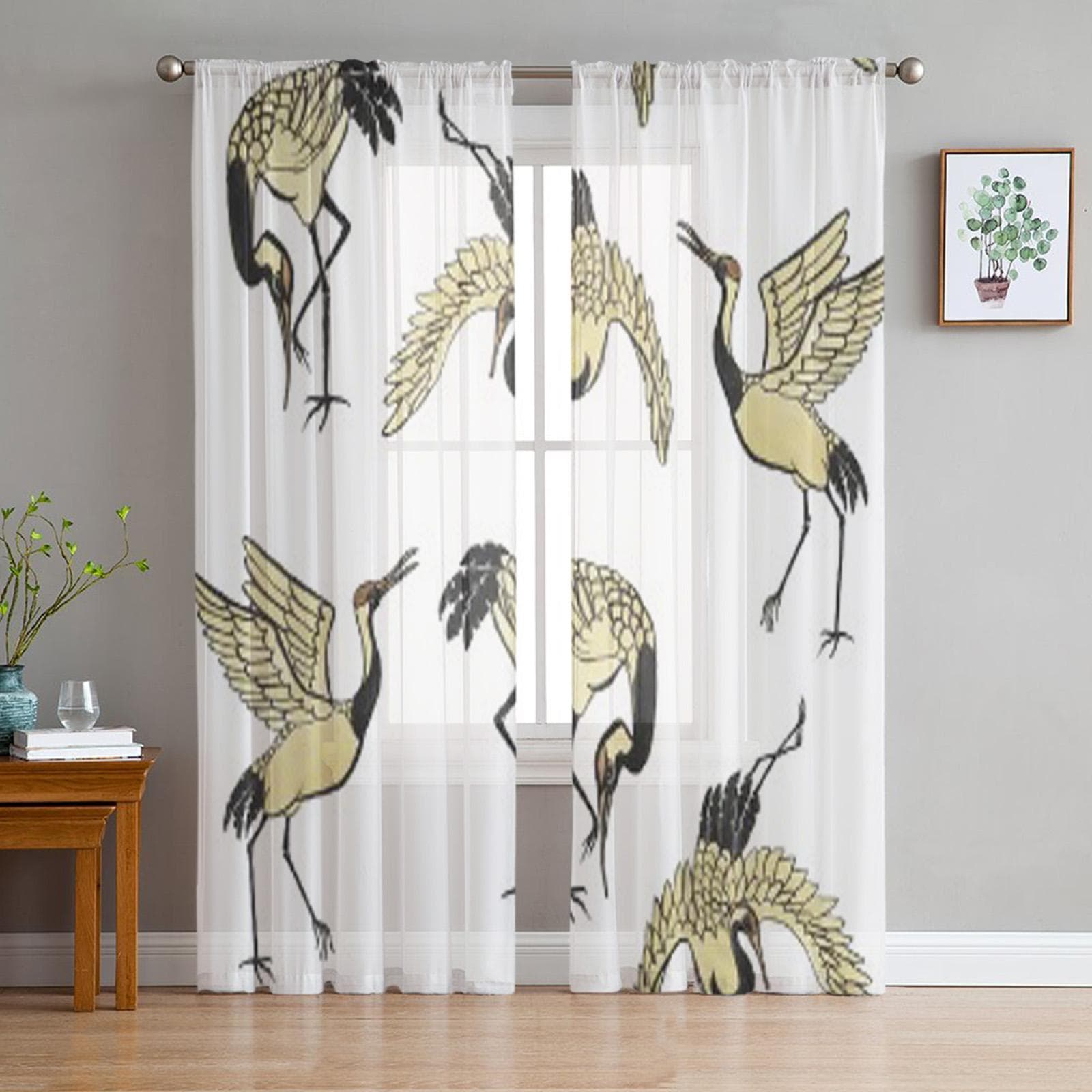 Cranes Eastern Style Tulle Sheer Window Curtains For Living Room The Bedroom Modern Chiffon Voile Organza Curtains Decor Drapes 135W x 114H(cm)