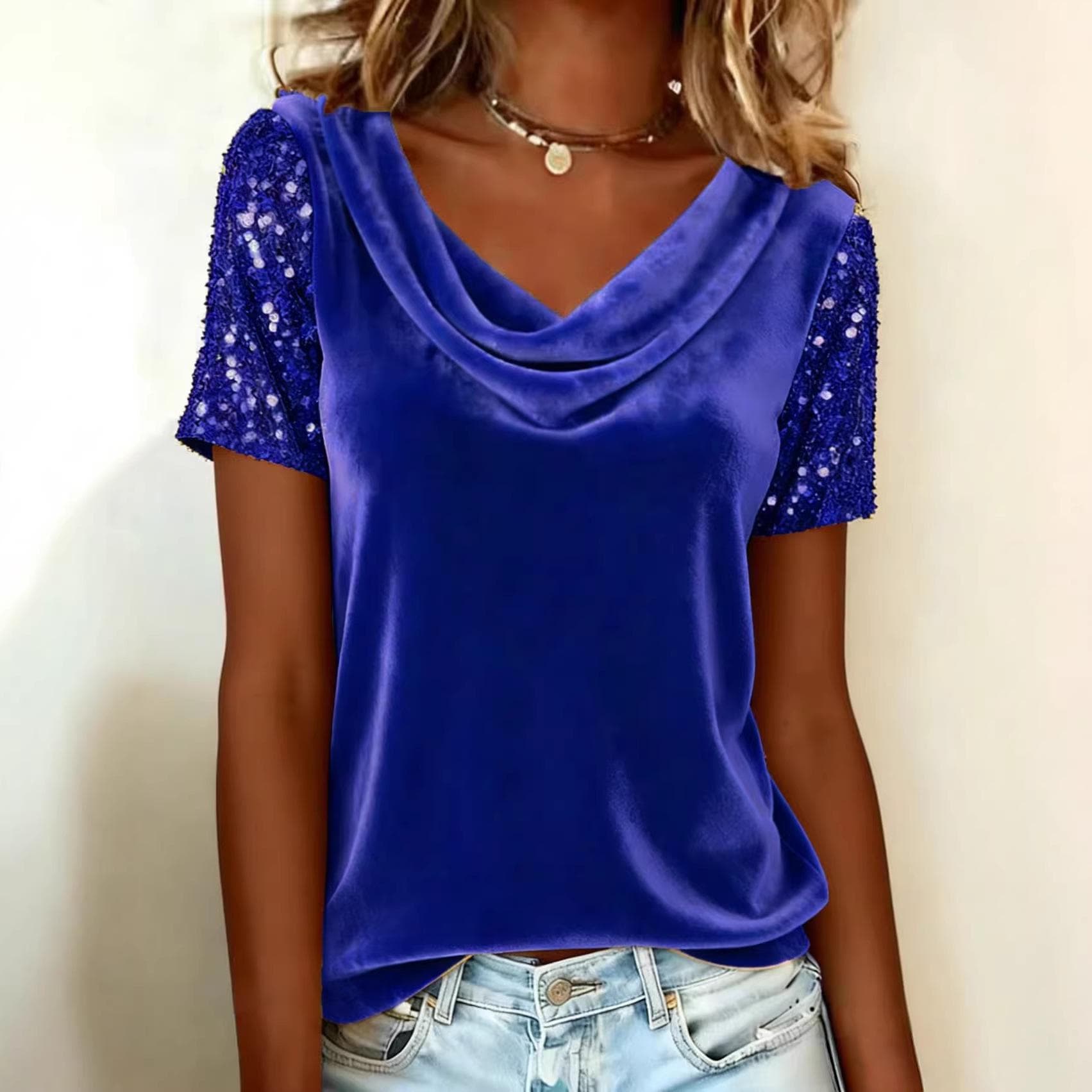 2026 European & American Velvet High-Neck Sequin Patchwork Short-Sleeve Women's Fashion Top XXL dark blue
