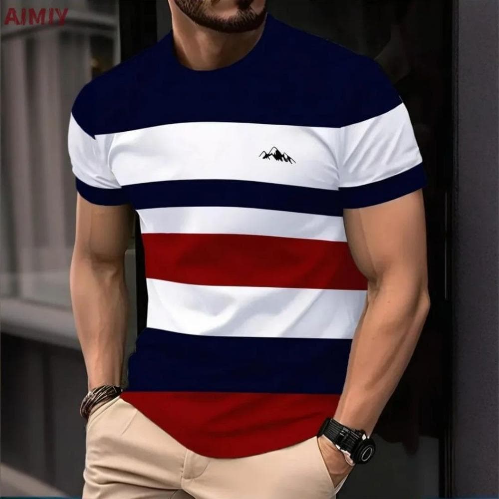 The Classic Design of Colorful Stripes and the Fashionable Style of Men's Short-sleeved T-shirts in Various Colors 3XL