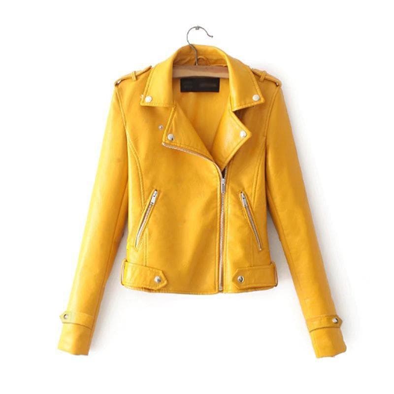 Faux Leather Jacket Women Zip Belt Coats Black PU XL yellow