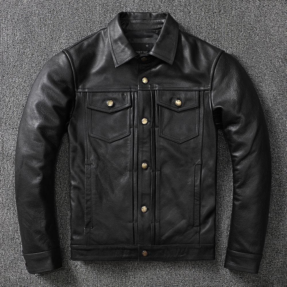 Calfskin Top Layer Leather Leather Jacket Men Lapel Short Denim Leather Jacket Motorcycle M