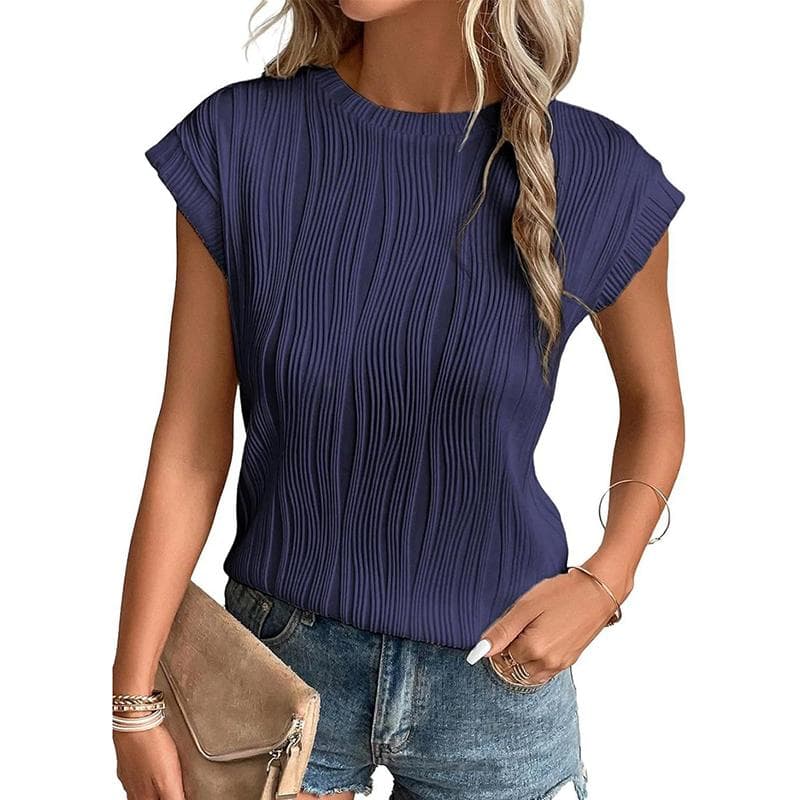 Crew Neck Short Sleeve for Women Summer Pleated Print Solid Short Sleeve Casual Fashion T-shirt Breathable Lightweight Comfortable Work Vacation Top 2XL navy blue