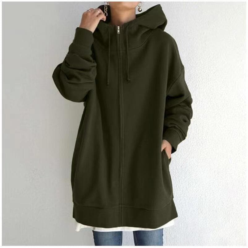 Winter New Drawstring Hooded Sweater Women's Korean Casual Top Loose Zipper Long Sleeves 5XL army green