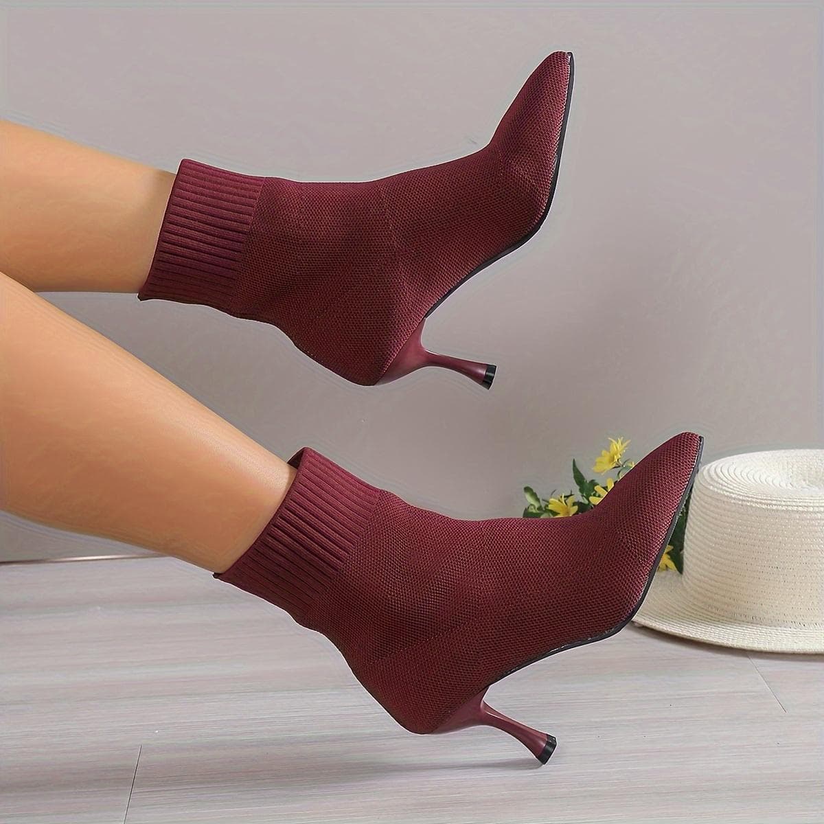 Elegant Solid Color Fabric Ankle Booties for Women - All-Season Slip-On Dress Boot with Pointed Toe, Stiletto Heel | Comfortable High-Heel Sock Boots 42 burgundy