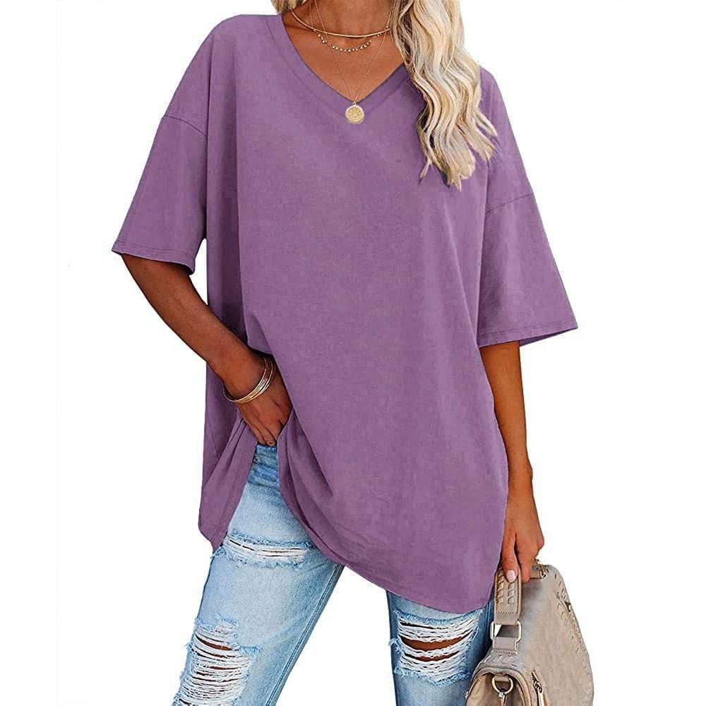 Summer Women's T-shirt Casual Solid Color V-Neck Large Size Loose Short Sleeve Top M purple