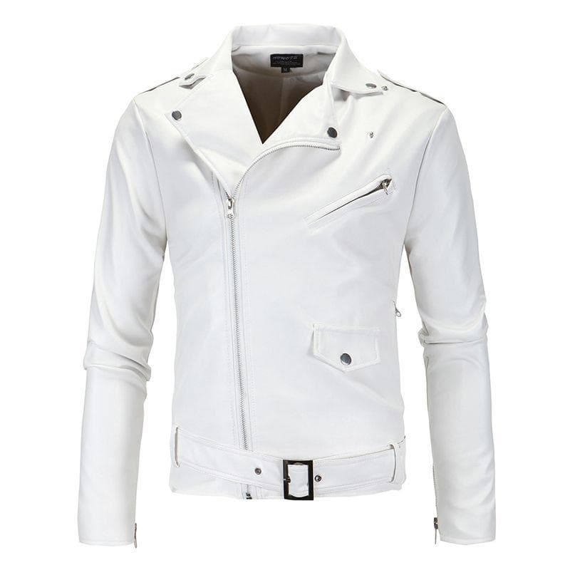Men's Leather Motorcycle Jacket Slim Lapel Leather Zipper Motorcycle Jacket XXXL white