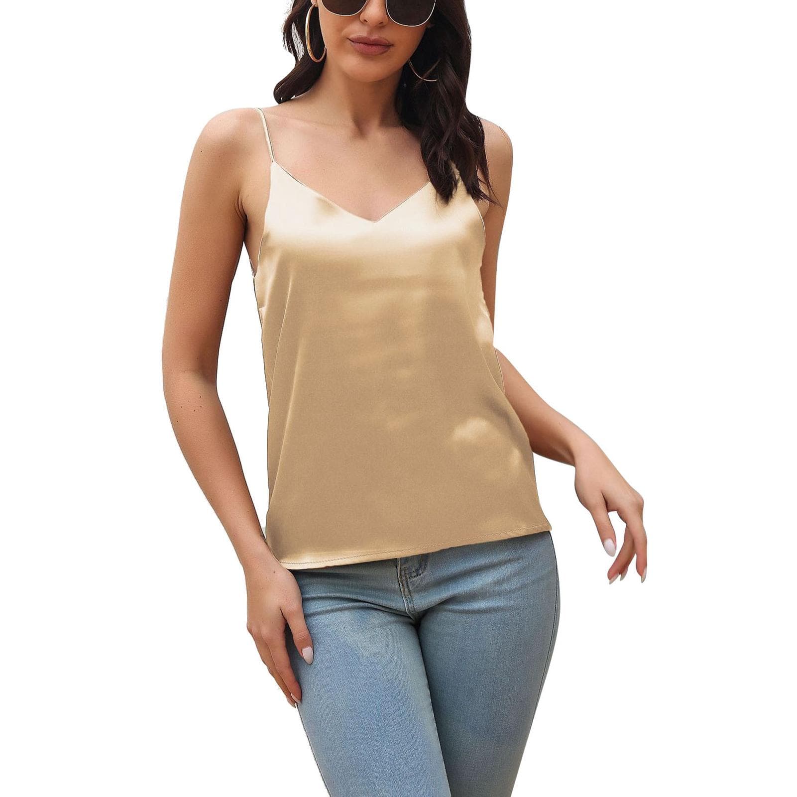 Women Satin Tank Top V Neck Back Spaghetti Strap Pure Color Summer Sleeveless Vest Champagne XL XL champagne