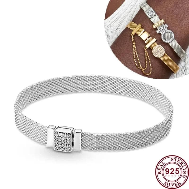 Hot Selling S925 Silver Reflexions Series Woven Mesh Original Women's Logo Multi Loop Watch Bracelet Wedding DIY Charm Jewelry 21CM