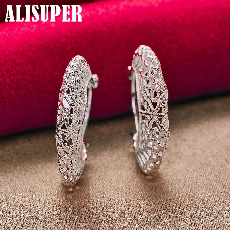 925 Sterling Silver Hollow Flower U Circle Earrings Jewelry